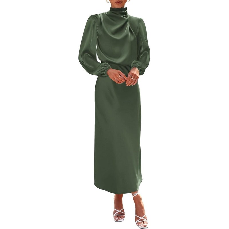 Dresses Women Mock Neck Long Sleeve Satin Maxi Dress Lightweight