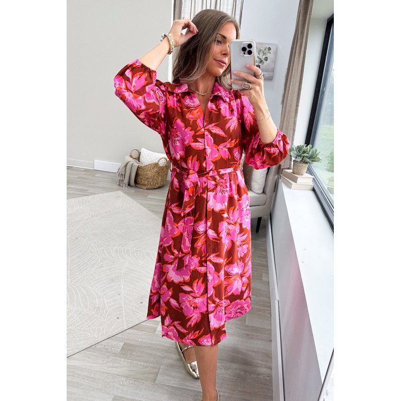 Pink Floral Long Sleeve Belted Midi Dress