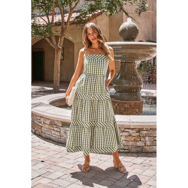 Gingham Smocked Midi Dress - Olive-FINAL SALE