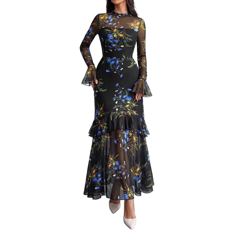 Elegant Wedding Guest Dress Floral Long Sleeve Tiered Ruffle Maxi Dresses for...