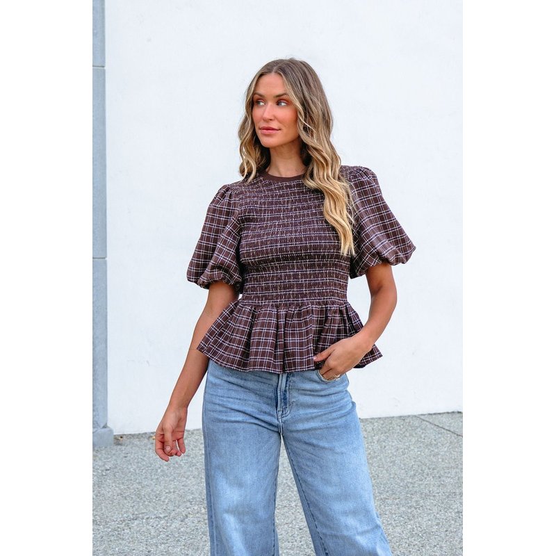 Brown Puff Sleeve Peplum Top