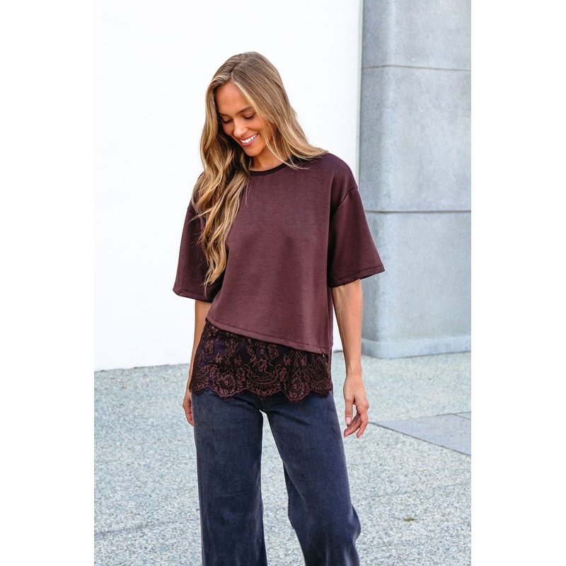 Brown Lace Trim Short Sleeve Top