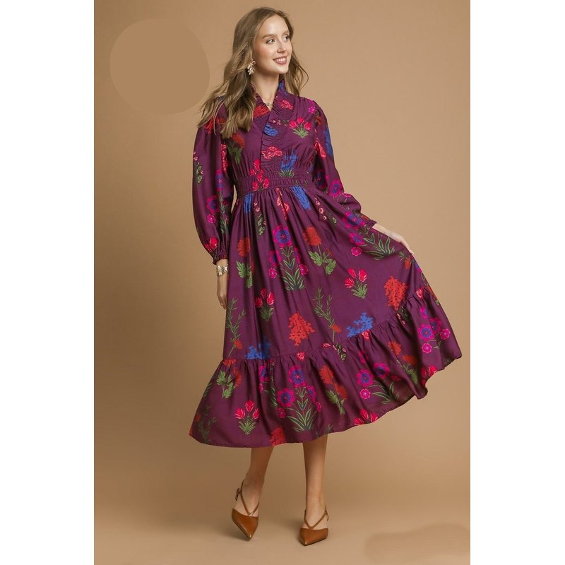 Umgee Mixed Floral Print Midi Dress in Burgundy Mix
