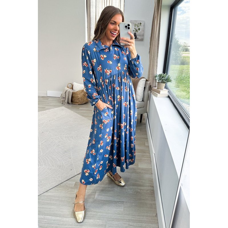Slate Blue Floral Fit And Flare Maxi Dress