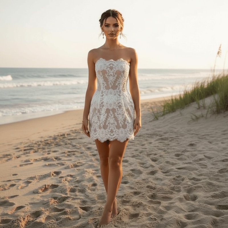 White Strapless Lace Mini Wedding Dress