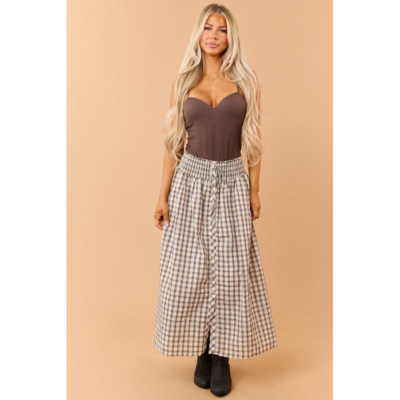 Almond Plaid Smocked Waist Cotton Midi Skirt