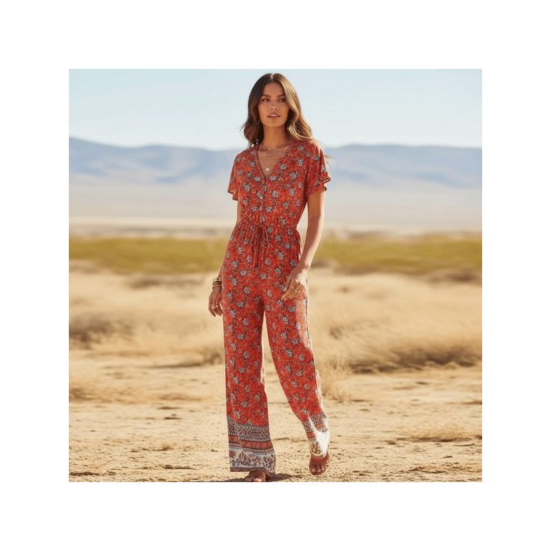 Crimson Bloom Boho Floral Wide Leg Jumpsuit with Pockets