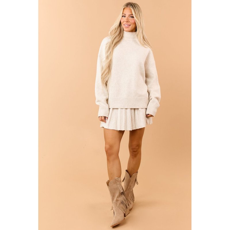 Almond Rib Knit Mock Neck Sweater and Skirt Set