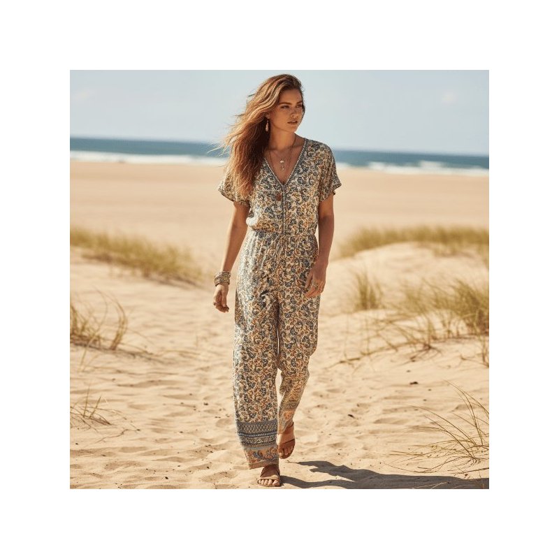 Desert Sage Boho Floral Wide Leg Jumpsuit with Pockets