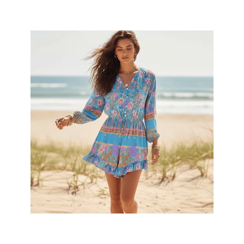 Boho Blue Wildflower Floral Romper with Long Sleeves