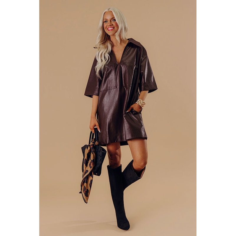 Sleek Uptown Faux Leather Mini Dress in Chestnut