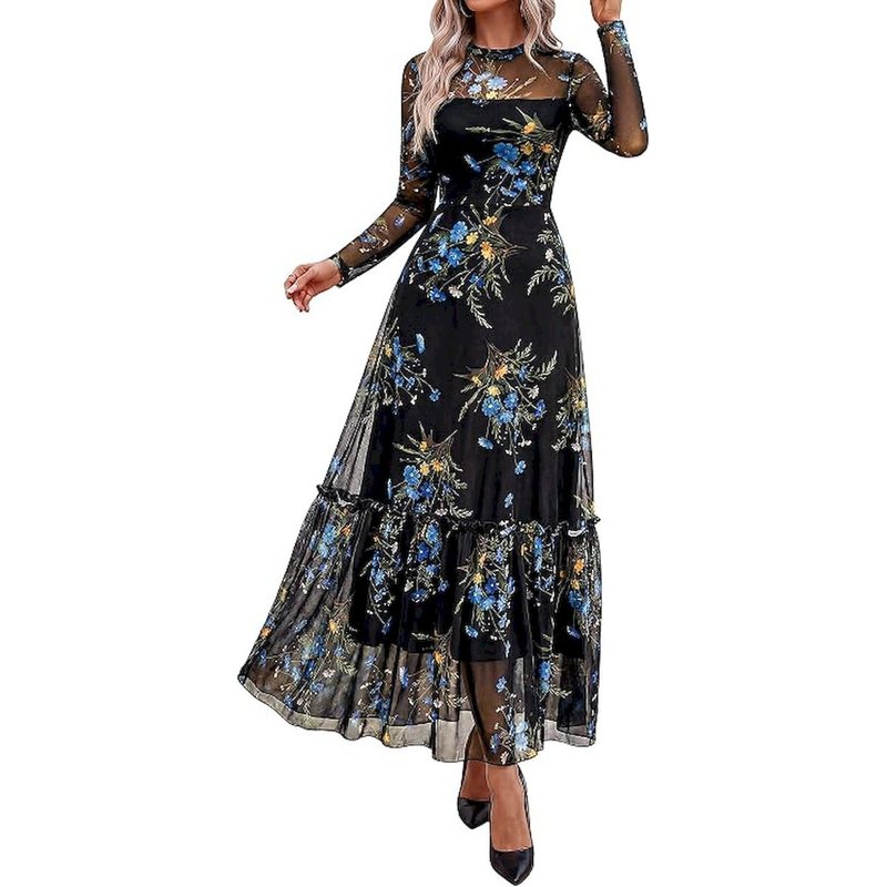 Boho Mesh Long Sleeve Dress for Women | Mock Neck