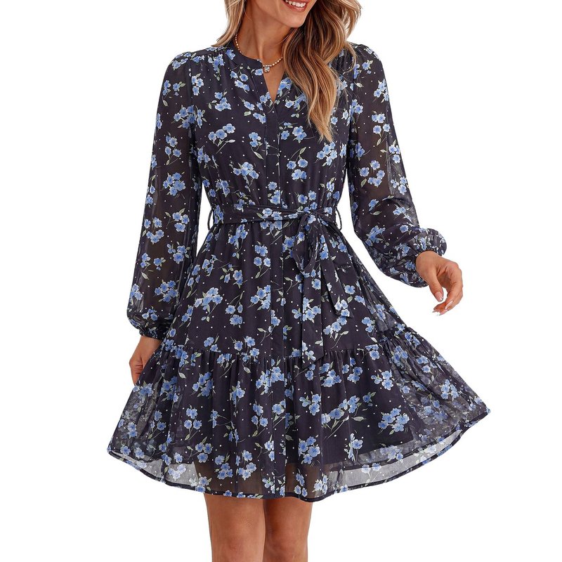 Womens Dresses Fall Chiffon Floral V Neck Long Sleeve Mini Dress | Hidden But...
