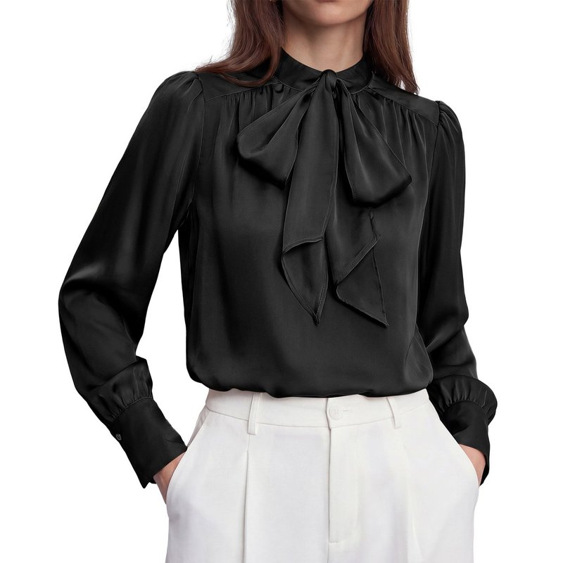 Women Satin Blouses Bow Tie Work Business Casual Tops | Ruched Button Cuff Lo...